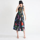 Elegant rural style suspender dress with medium waist heavy work nail bead inlaid diamond print dress - Livefree