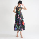 Elegant rural style suspender dress with medium waist heavy work nail bead inlaid diamond print dress - Livefree