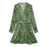 European And American Spring New Fashion Elegant V Neck Long Sleeve Animal Pattern Green Waist Dress For Women - Livefree