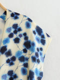 European and American New Fashion Elegant V neck Short Sleeve Blue Printed Split Dress for Women - Livefree