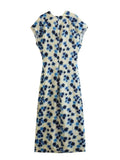 European and American New Fashion Elegant V neck Short Sleeve Blue Printed Split Dress for Women - Livefree