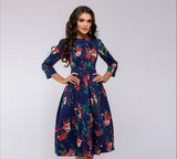 Occidental Autumn And Winter Womens A Line Dress Party Retro Small Fragmented Flowers 7/4 Sleeve Round Neck Dress - Livefree