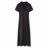 European and American New Fashion Versatile Flip V neck Short Sleeve Solid A line Tricolor Dress for Women - Livefree
