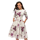 Occidental Autumn And Winter Womens A Line Dress Party Retro Small Fragmented Flowers 7/4 Sleeve Round Neck Dress - Livefree