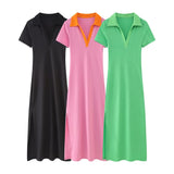 European and American New Fashion Versatile Flip V neck Short Sleeve Solid A line Tricolor Dress for Women - Livefree