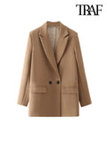 TRAF Women Chic Office Lady Double Breasted Blazer Vintage Coat Fashion Notched Collar Long Sleeve Ladies Outerwear Stylish Tops - Livefree