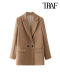 TRAF Women Chic Office Lady Double Breasted Blazer Vintage Coat Fashion Notched Collar Long Sleeve Ladies Outerwear Stylish Tops - Livefree
