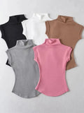 Women Summer Sexy Turtleneck Sleeveless T-Shirts Tops Solid Slim Fit Pullovers Causal Tees Shirts Female Streetwear Basics Tees - Livefree