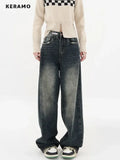 Harajuku Streetwear Retro Fashion Autumn Women High Waist Jeans Loose Wide Leg Straight Loose Denim Trousers Y2K Baggy Pants - Livefree