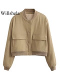 Willshela Women Fashion Solid Bomber Jackets Coat With Pockets V-Neck Single Breasted Long Sleeves Female Chic Lady Outfits - Livefree