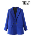 TRAF Women Chic Office Lady Double Breasted Blazer Vintage Coat Fashion Notched Collar Long Sleeve Ladies Outerwear Stylish Tops - Livefree
