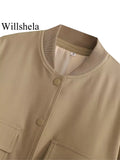 Willshela Women Fashion Solid Bomber Jackets Coat With Pockets V-Neck Single Breasted Long Sleeves Female Chic Lady Outfits - Livefree