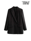 TRAF Women Chic Office Lady Double Breasted Blazer Vintage Coat Fashion Notched Collar Long Sleeve Ladies Outerwear Stylish Tops - Livefree