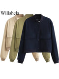 Willshela Women Fashion Solid Bomber Jackets Coat With Pockets V-Neck Single Breasted Long Sleeves Female Chic Lady Outfits - Livefree