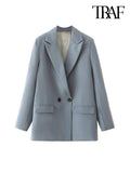 TRAF Women Chic Office Lady Double Breasted Blazer Vintage Coat Fashion Notched Collar Long Sleeve Ladies Outerwear Stylish Tops - Livefree