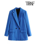 TRAF Women Chic Office Lady Double Breasted Blazer Vintage Coat Fashion Notched Collar Long Sleeve Ladies Outerwear Stylish Tops - Livefree