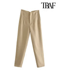 TRAF Women Chic Fashion With Seam Detail Office Wear Pants Vintage High Waist Zipper Fly Female Ankle Trousers Mujer - Livefree