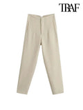 TRAF Women Chic Fashion With Seam Detail Office Wear Pants Vintage High Waist Zipper Fly Female Ankle Trousers Mujer - Livefree