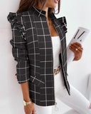 Check Leopard Print Zip Ruffle Shoulder Jacket - Livefree
