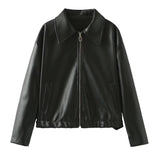 Solid Color Lapel Zipper Jacket Fashion Casual Long Sleeve Leather Coat Tops Women Clothing - Livefree