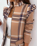 Check Leopard Print Zip Ruffle Shoulder Jacket - Livefree