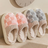 Plaid Plush Slippers Women's Indoor Plush Home Slippers Soft Sole Thick Non-Slip Warm House Shoes Couple Autumn And Winter - Livefree