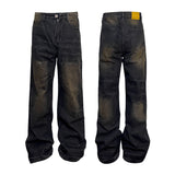 Washed Straight Dirty Mud Textured Deconstructed Jeans - Livefree