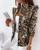 Check Leopard Print Zip Ruffle Shoulder Jacket - Livefree