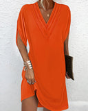 V-neck Pleated Batwing Sleeve Dress - Livefree