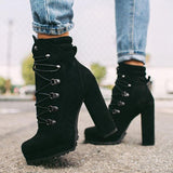 Heeled Boots For Women Round Toe Lace UP High Heels Boots Mid Calf Shoes - Livefree