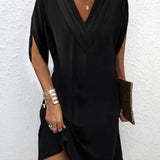 V-neck Pleated Batwing Sleeve Dress - Livefree