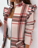 Check Leopard Print Zip Ruffle Shoulder Jacket - Livefree
