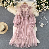 Mesh Graceful Stand Collar Lantern Sleeve High Waist Slimming Suspenders Dress - Livefree