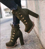 Heeled Boots For Women Round Toe Lace UP High Heels Boots Mid Calf Shoes - Livefree