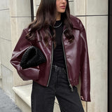 Solid Color Lapel Zipper Jacket Fashion Casual Long Sleeve Leather Coat Tops Women Clothing - Livefree