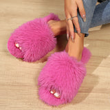 Fashion Open-toed Plush Slippers Winter Warm Indoor Bedroom Floor Soft Fluffy Slipper For Couple Solid Color House Shoes Women - Livefree