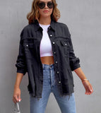 Women's Oversized Frayed Lightweight Denim Jacket Button Down Ripped Distressed Jean Shacket - Livefree