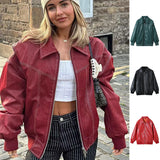 Loose Fashion Lapel Zip-up Jacket Cool Long Sleeve Zipper Closure Moto Biker Leather Jacket Womens Clothing - Livefree