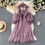 Mesh Graceful Stand Collar Lantern Sleeve High Waist Slimming Suspenders Dress - Livefree