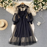 Mesh Graceful Stand Collar Lantern Sleeve High Waist Slimming Suspenders Dress - Livefree