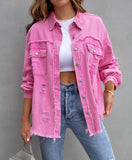 Women's Oversized Frayed Lightweight Denim Jacket Button Down Ripped Distressed Jean Shacket - Livefree