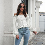Front Tie Back Elastic Lantern Sleeves Word Collar Waist Short Top Women Long Sleeved Chiffon Shirt - Livefree