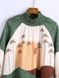 Summer Women Loose Shirt Traf Shirring Trim Scenery Print Raglan Sleeve Casual Blouses Female Chic Oversized Tops - Livefree