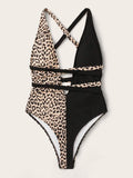 Contrast Leopard Self Tie One Piece Swimsuit - shop.livefree.co.uk