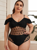 Plus Polka Dot Contrast Mesh One Piece Swimsuit - shop.livefree.co.uk