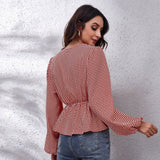 Plaid Print Waist V Neck Lantern Sleeve Elegant Blouse New For Women - Livefree