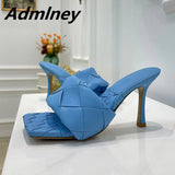 Silver Laser Woven Leather Woman Slipper Summer New Square Toe Thin High Heel Party Holiday Mule Designer One Strap Shoe Woman - Livefree