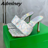Silver Laser Woven Leather Woman Slipper Summer New Square Toe Thin High Heel Party Holiday Mule Designer One Strap Shoe Woman - Livefree