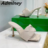 Silver Laser Woven Leather Woman Slipper Summer New Square Toe Thin High Heel Party Holiday Mule Designer One Strap Shoe Woman - Livefree