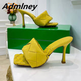 Silver Laser Woven Leather Woman Slipper Summer New Square Toe Thin High Heel Party Holiday Mule Designer One Strap Shoe Woman - Livefree